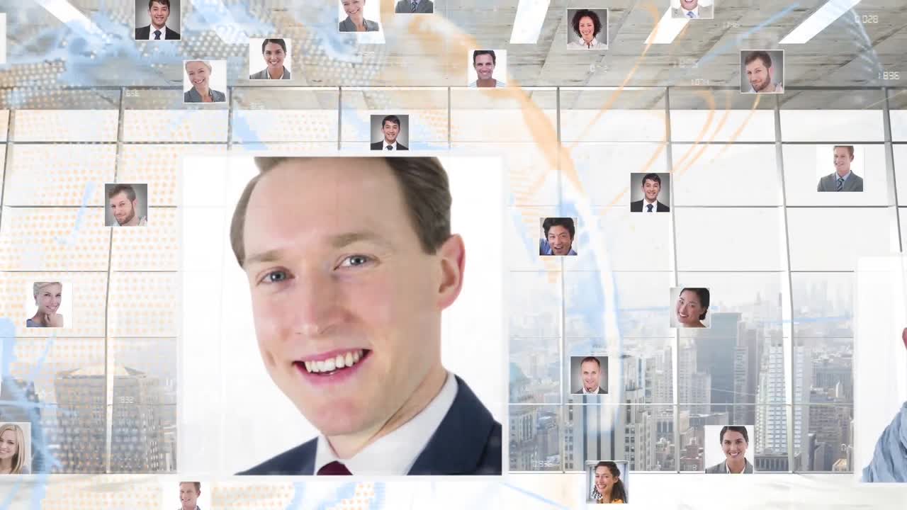 Animation of business people's photographs over cityscape background