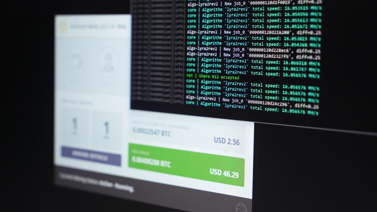 Screen with crypto code. Program code for mining cryptocurrency, mining work. Screen with software developer code. Crypto-currency