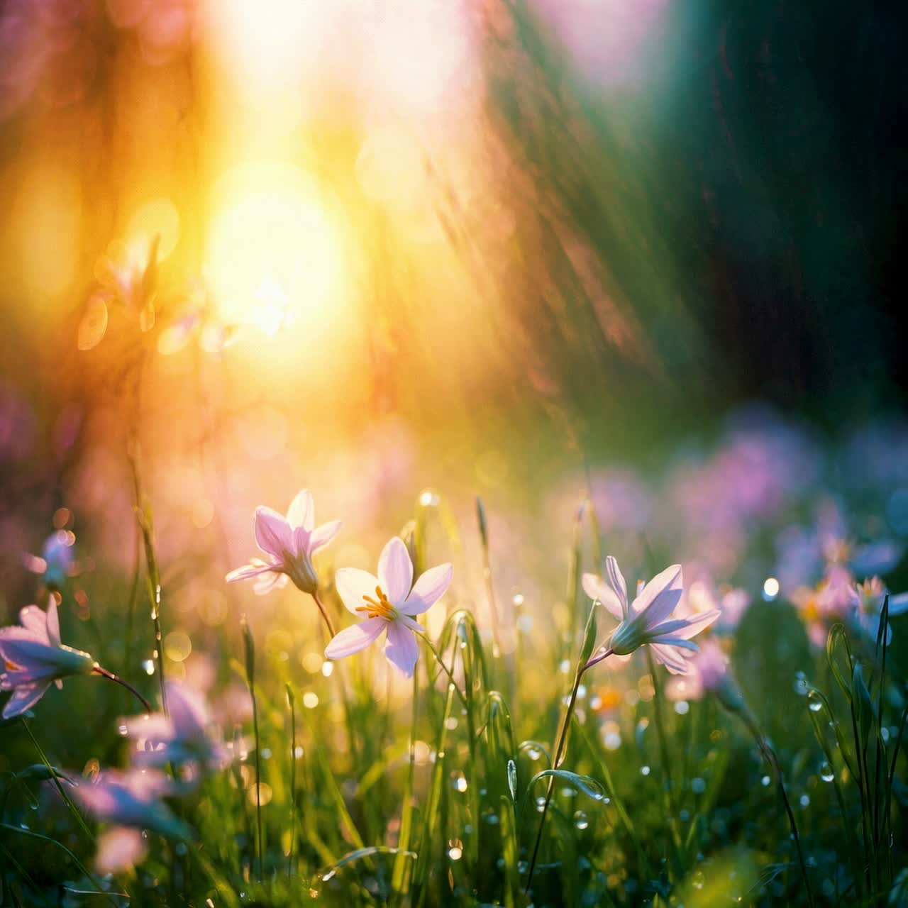 Close-up, low-angle shot of delicate flowers in a sunlit meadow, capturing a dreamy, cinematic style