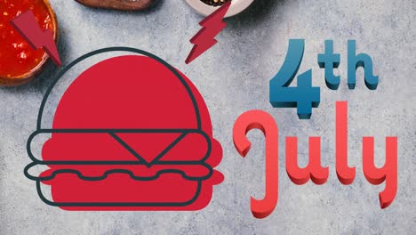 animación del 4 de julio texto sobre hamburguesa y condimentos en la mesa gris