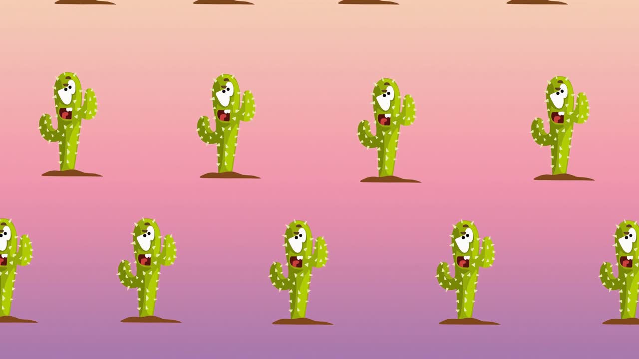 Composition of rows of cacti with faces moving on pink background