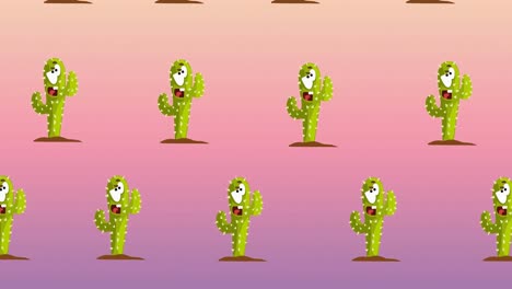 composición de filas de cactus con caras que se mueven sobre un fondo rosado