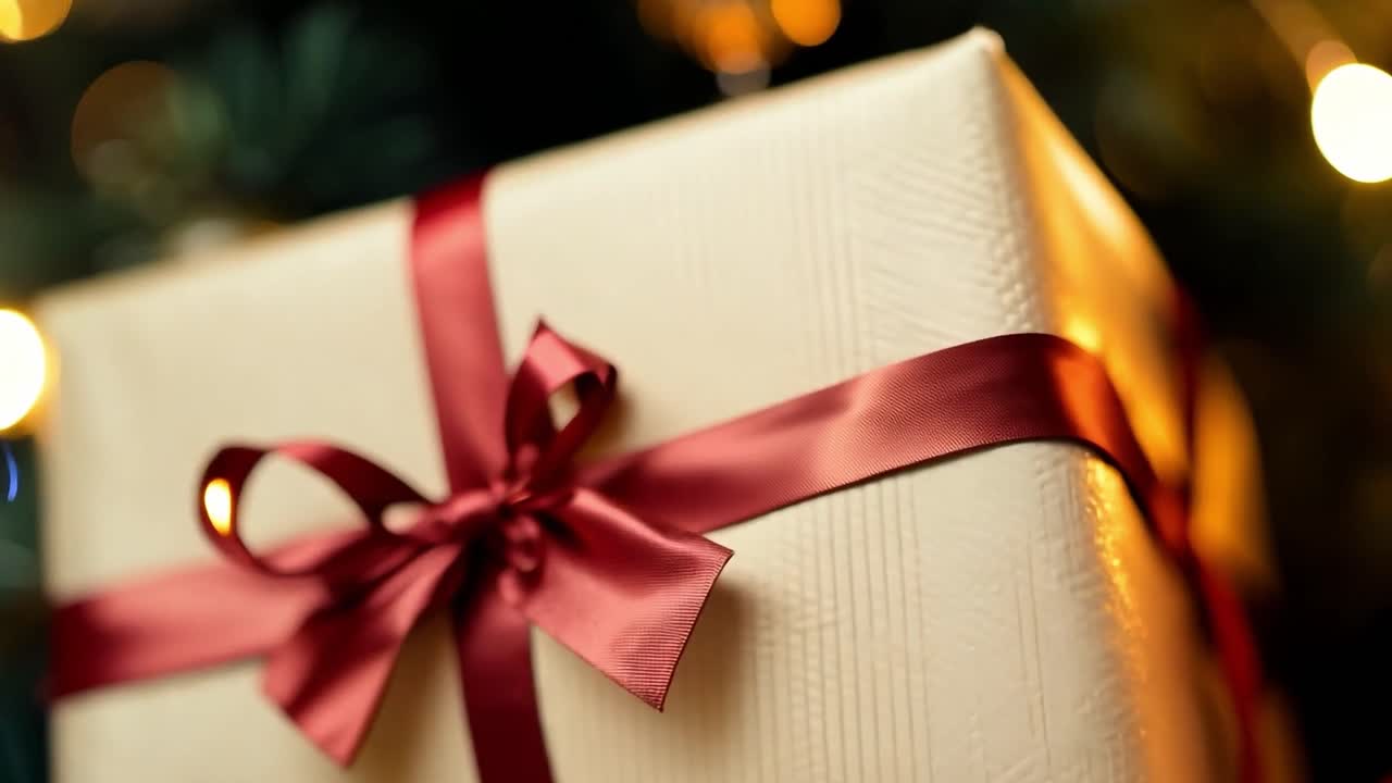 primer plano de un regalo de navidad envuelto en papel dorado con una cinta roja y un lazo
