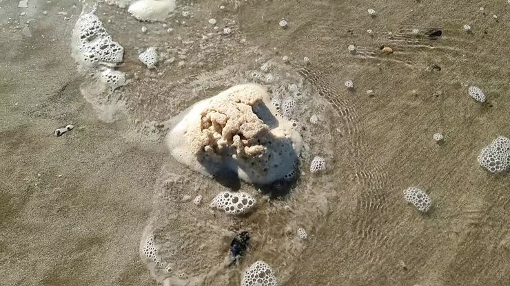 Schiuma di mare sporca che si muove lentamente attraverso una spiaggia sabbiosa gallese con le onde della marea