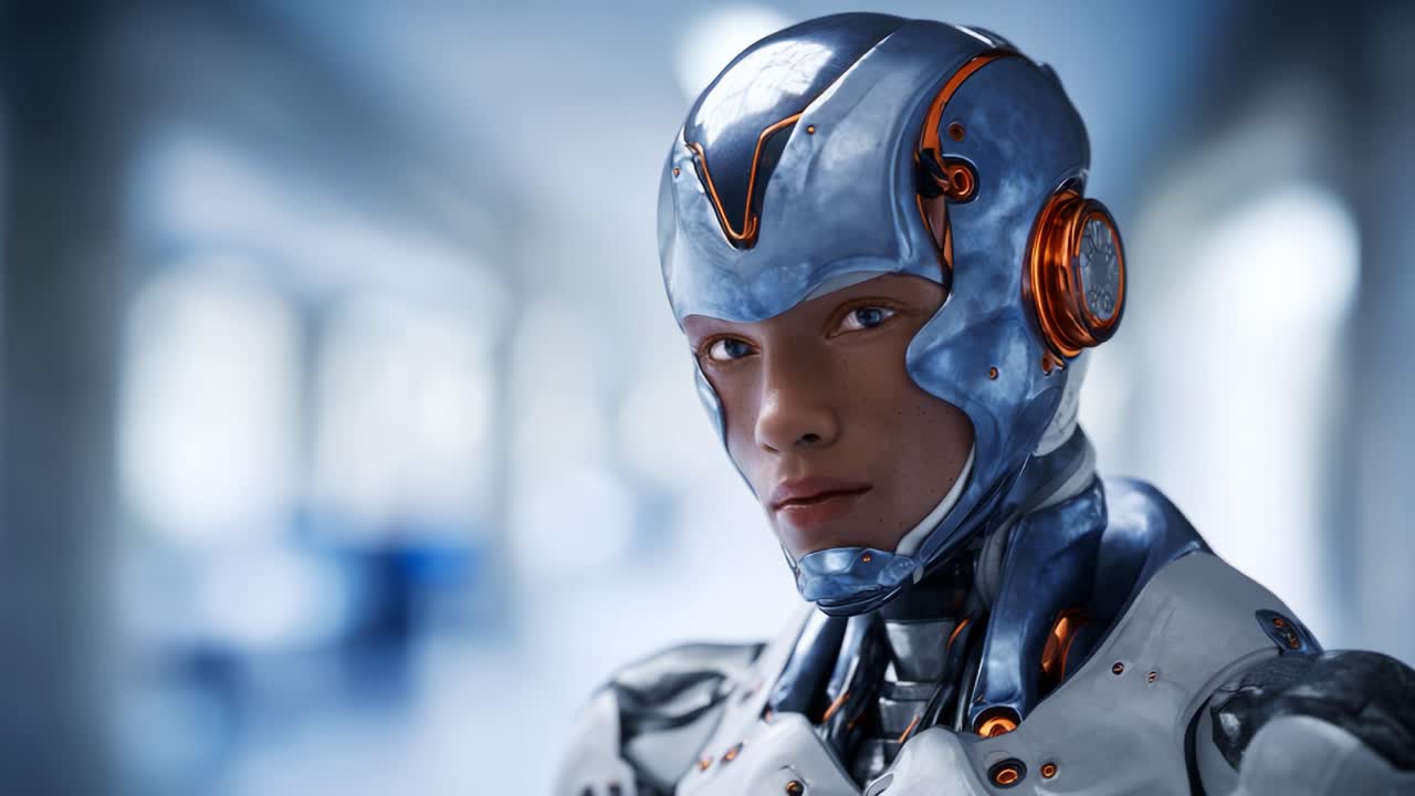 Ritratto futuristico di un cyborg che mostra robotica avanzata e caratteristiche umane in un design elegante con finiture metalliche e dettagli arancioni su uno sfondo leggermente sfocato