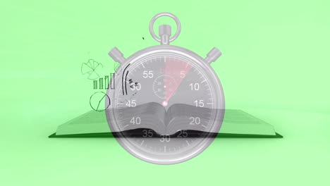 animation of icons with book and stopwatch on green background
