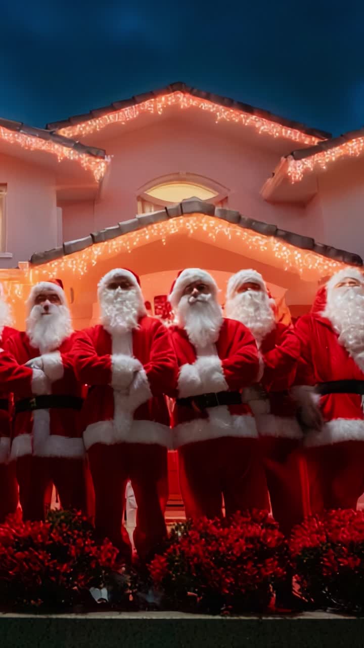 A Festive Gathering of Santa Clauses in Front of a Beautifully Decorated Home Highlighted by Sparkling Christmas Lights, Celebrating the Joyous Spirit of the Holiday Season Amidst a Nighttime Backdrop