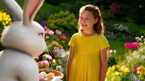 a girl surprised by an easter bunny in a garden