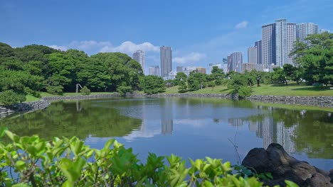 아름다운 일본 전통 정원과 초고층 건물이 있는 연못 도쿄