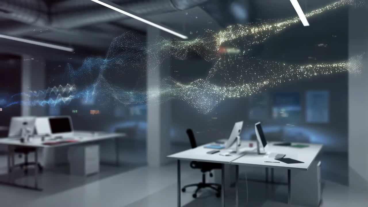 Futuristic Office with Abstract Digital Data Overlay