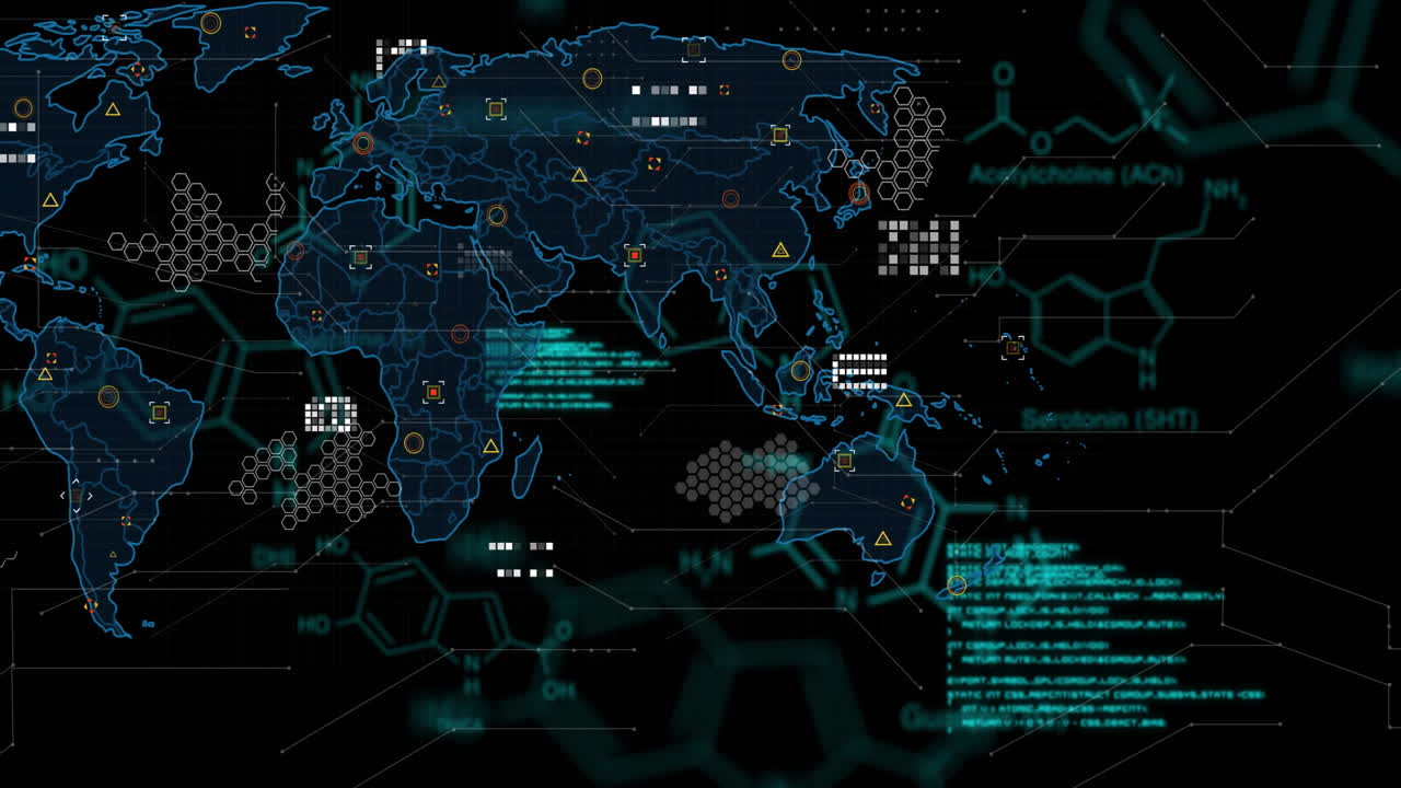 Animation of digital data processing over world map