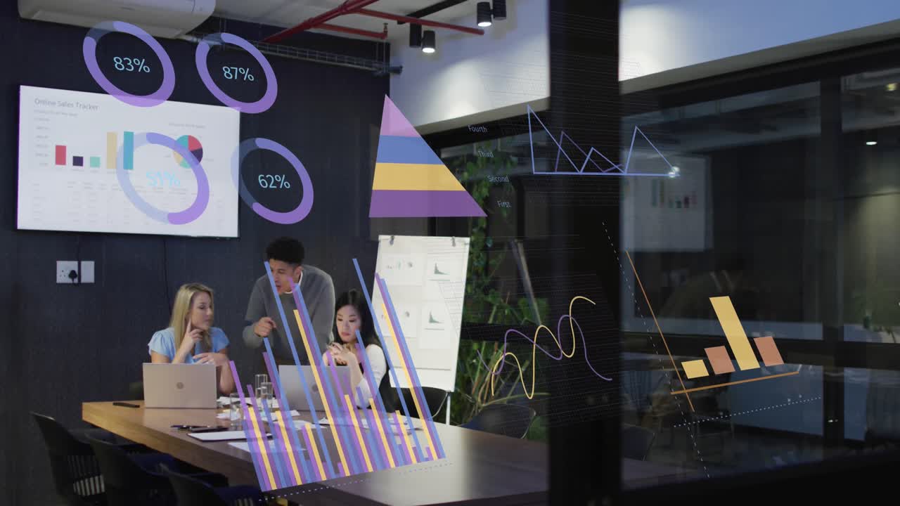 Animation of financial data processing over diverse business people working in office