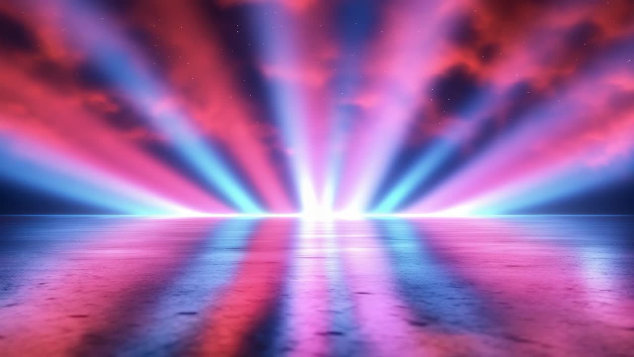 Vibrant beams reflecting on calm water. Colorful light beams radiate over a serene body of water during twilight, creating an enchanting atmosphere.