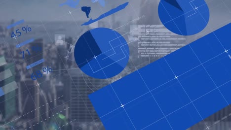 animation of infographic interface over icons around globe against aerial view of city
