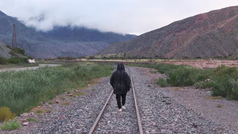 man walking alone along train tracks in an arid area