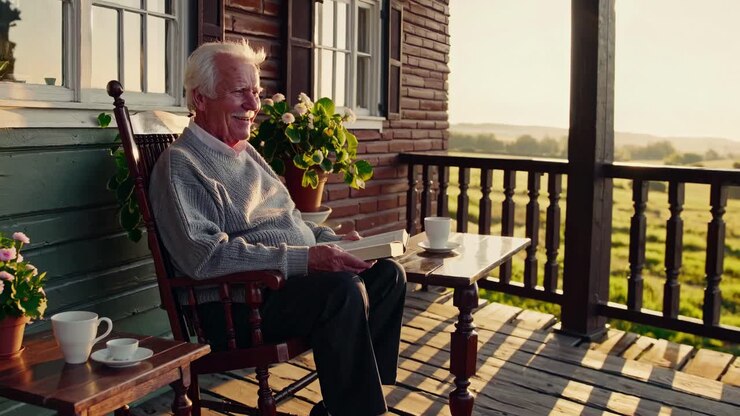 Elderly man enjoys sunset on porch, holding a book. Warm, nostalgic video vibe. Side angle captures