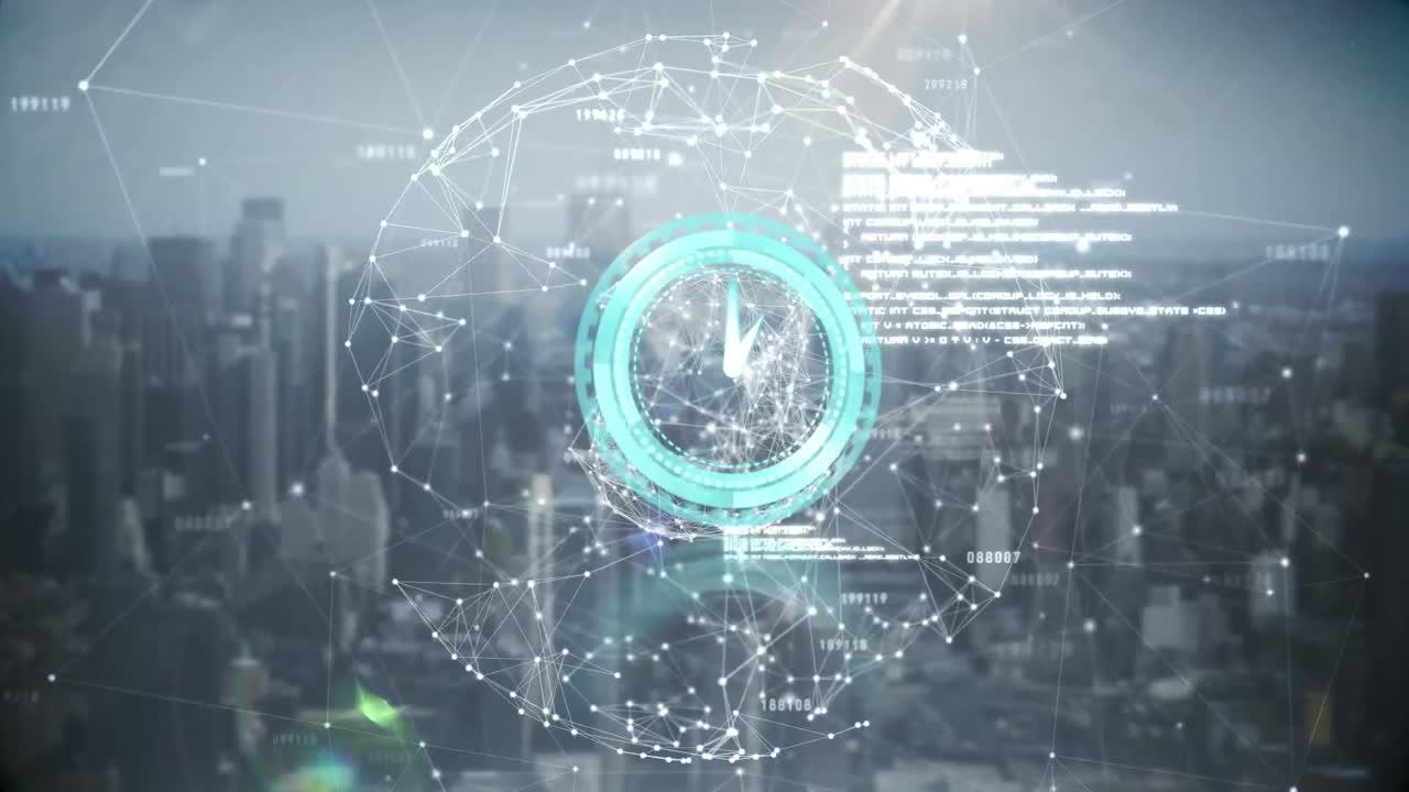 Animation of clock moving and network of connections over cityscape