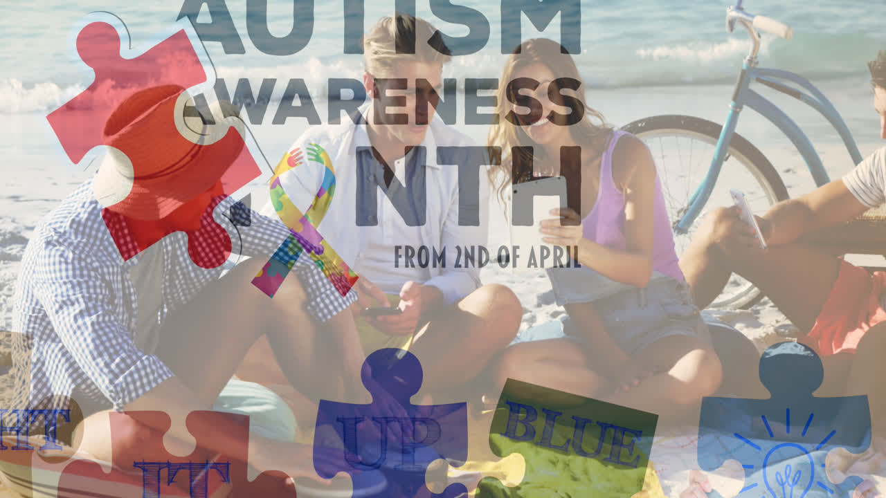 오티즘 인식 텍스트의 애니메이션과 해변에서 행복한 사람들 위에 다채로운 퍼즐 조각