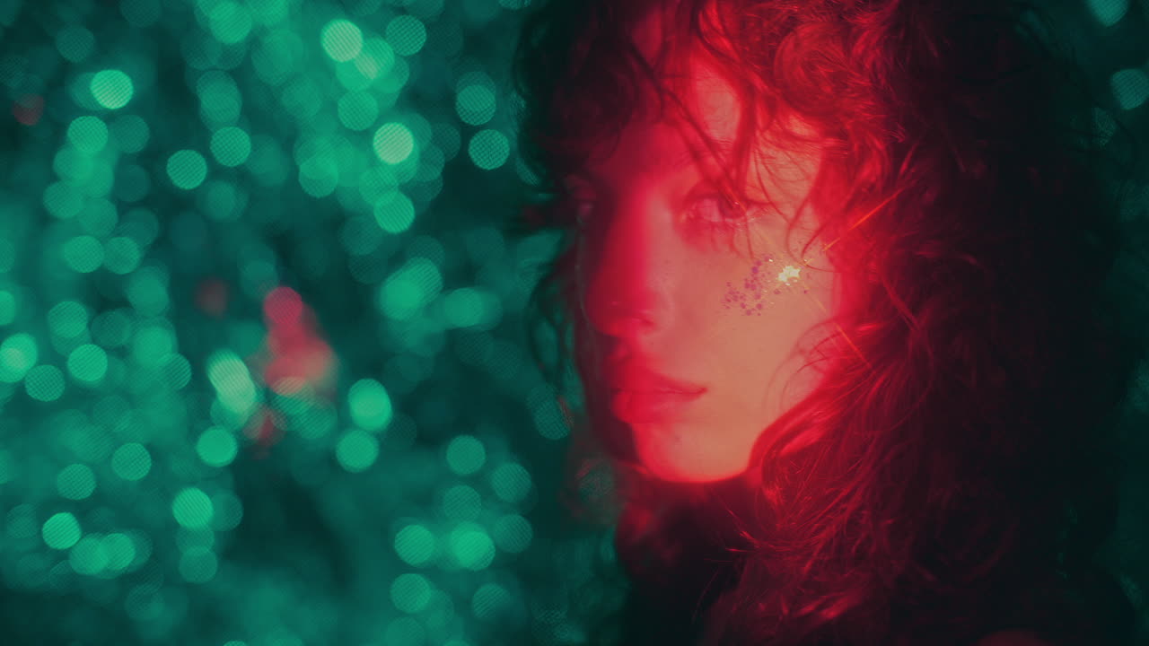 Portrait of Dreamy Girl with Glitter Makeup under Red and Teal Lights