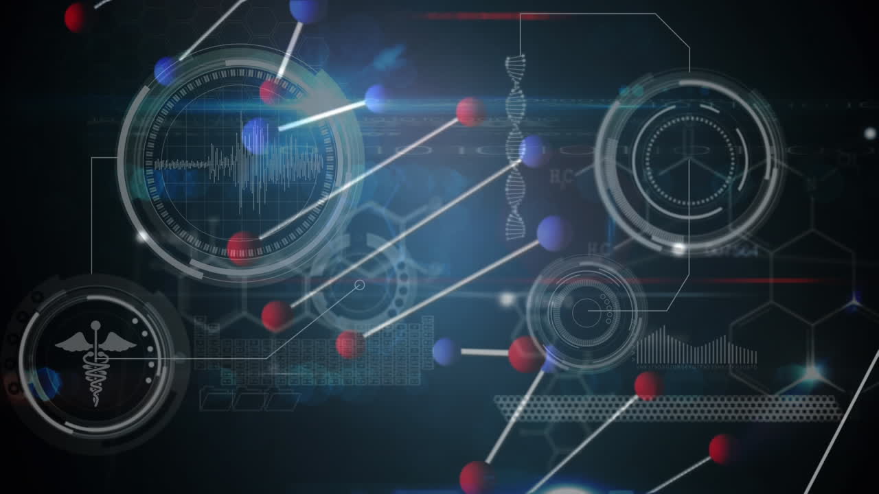 dna 가닥의 애니메이션과 파란색 배경의 스 ⁇  스캐닝