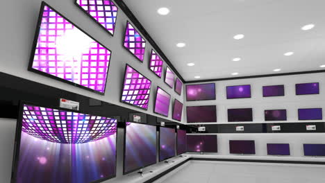 animation of rows of television sets with glowing screens in store