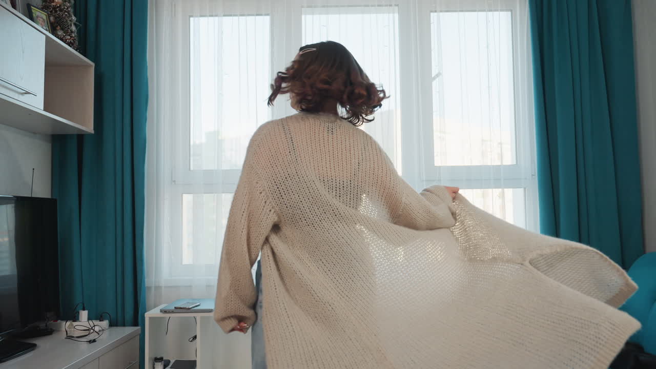 Woman Walking Confidently, Woman In Bright Setting Walks With Lively Energy And Style, Caucasian Female Models Confidently Through Living Space With Cheerful Expression And Elegant Posture