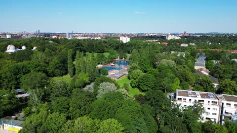 wonderful aerial top view flight public swimming pool insulaner, city berlin germany summer day 2023