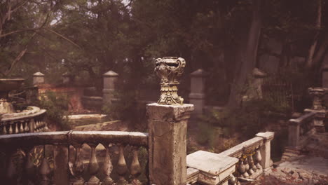 overgrown garden with ornate stone features in a secluded area