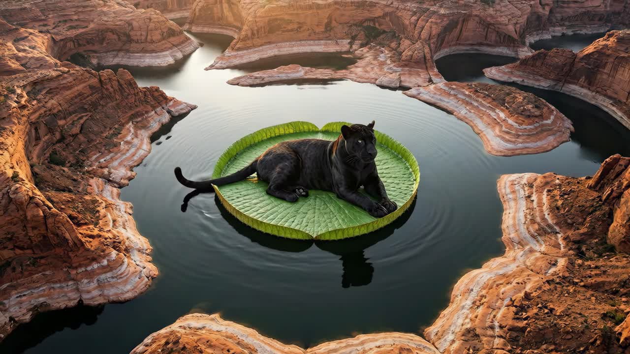 Pantera negra descansando sobre un nenúfar gigante en un lago de cañón de roca roja
