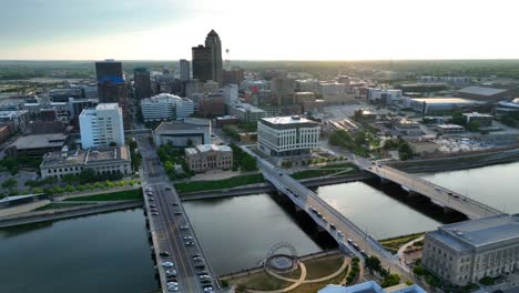 wide aerial shot of des moines, ia during sunset