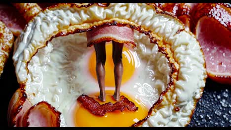 woman's legs in fried eggs with bacon