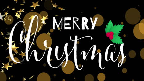 animation of merry christmas text over stars and spots
