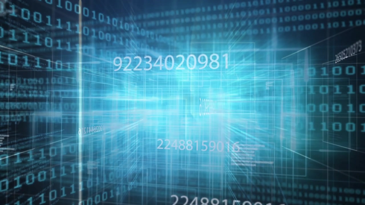 scrolling binary code initiating rotation 3D grid expanding and shifting to visualize data flow
