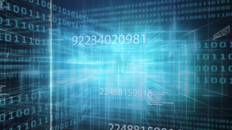 scrolling binary code initiating rotation 3D grid expanding and shifting to visualize data flow