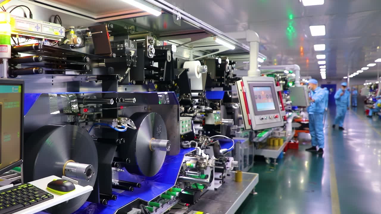 Technicians or workers in uniform work at high-tech factory environment industrial automation precision robot arm mass production line, new rechargeable electric battery power energy electric vehicles