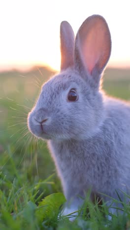 vertical video a cautious gray rabbit grazes on the grass observing the surroundings