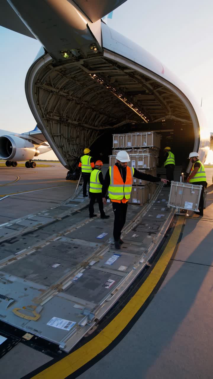 Wide-angle video shot of workers in safety vests loading cargo into a large aircraft