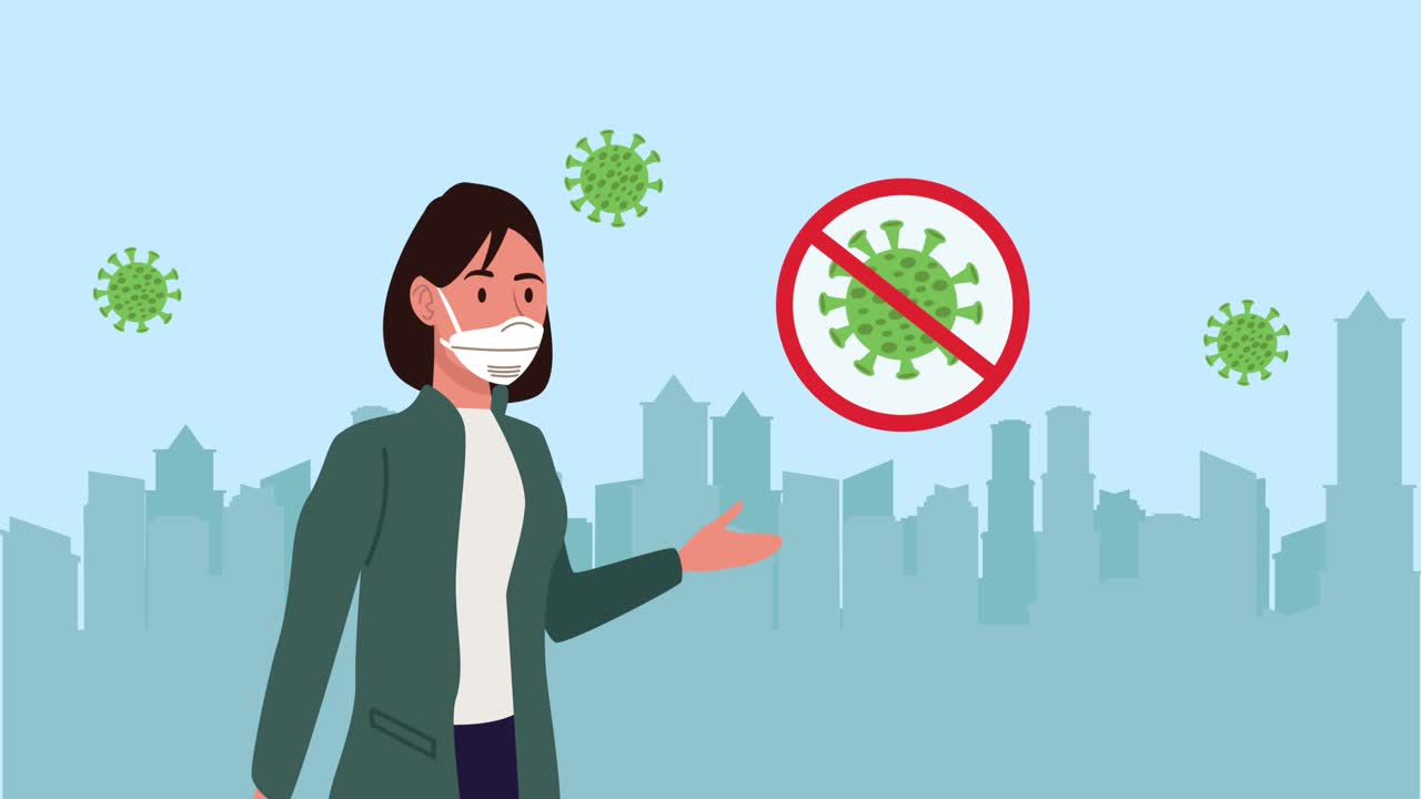 코로나19 신호를 멈추는 의료 마스크를 착용한 여성