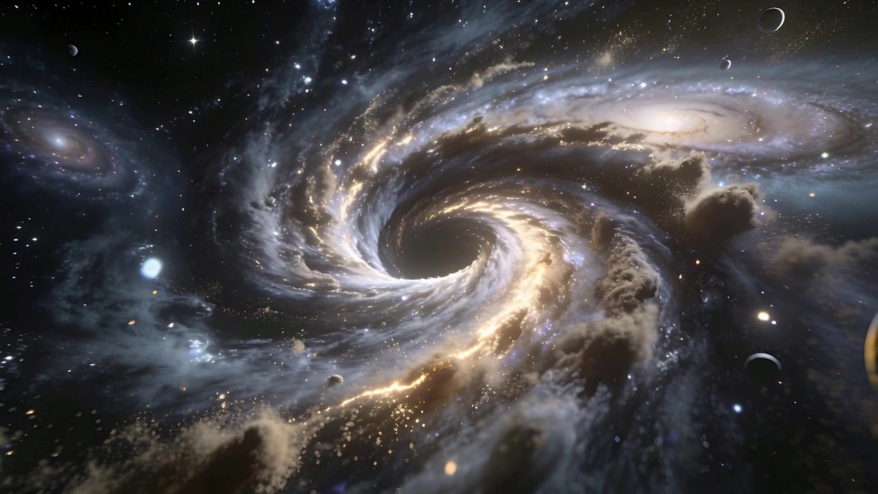 Galassia a spirale che ruota, attirando filamenti dorati verso l'interno nello spazio profondo, con un vuoto centrale che attira la materia