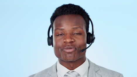 call centre, smile and headset in studio by man