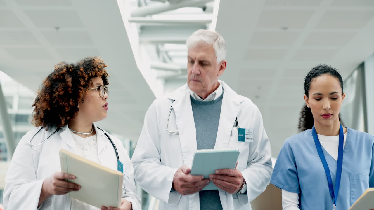 Paperwork, healthcare and doctors with a tablet