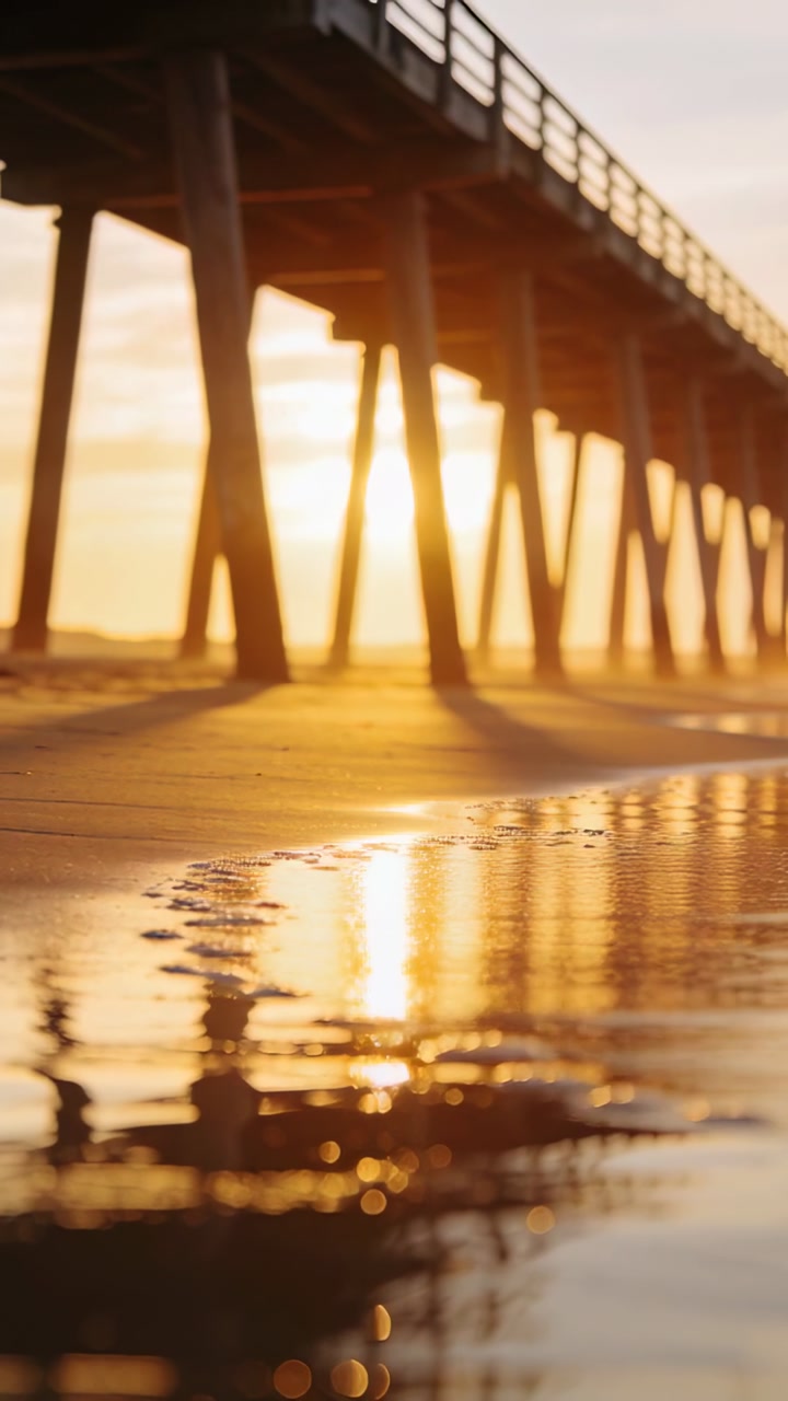 Vertical video: Pushing forward incoming wave enlarging wet sand mirror near long pier by calm surf
