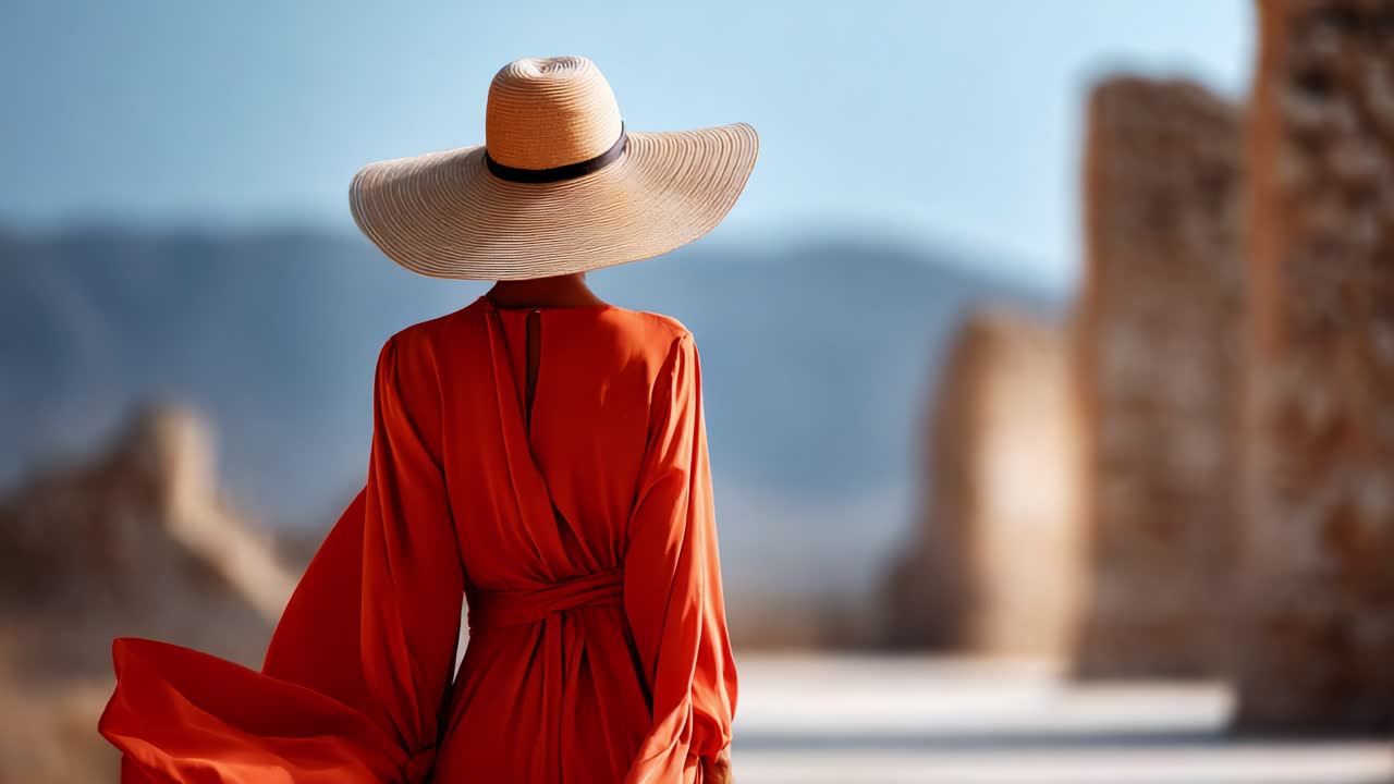 A Woman in a Red Dress and Wide-Brimmed Hat Stands Elegantly Against a Background of Historic Ruins, Embracing the Warmth of the Sun and the Beauty of Nature