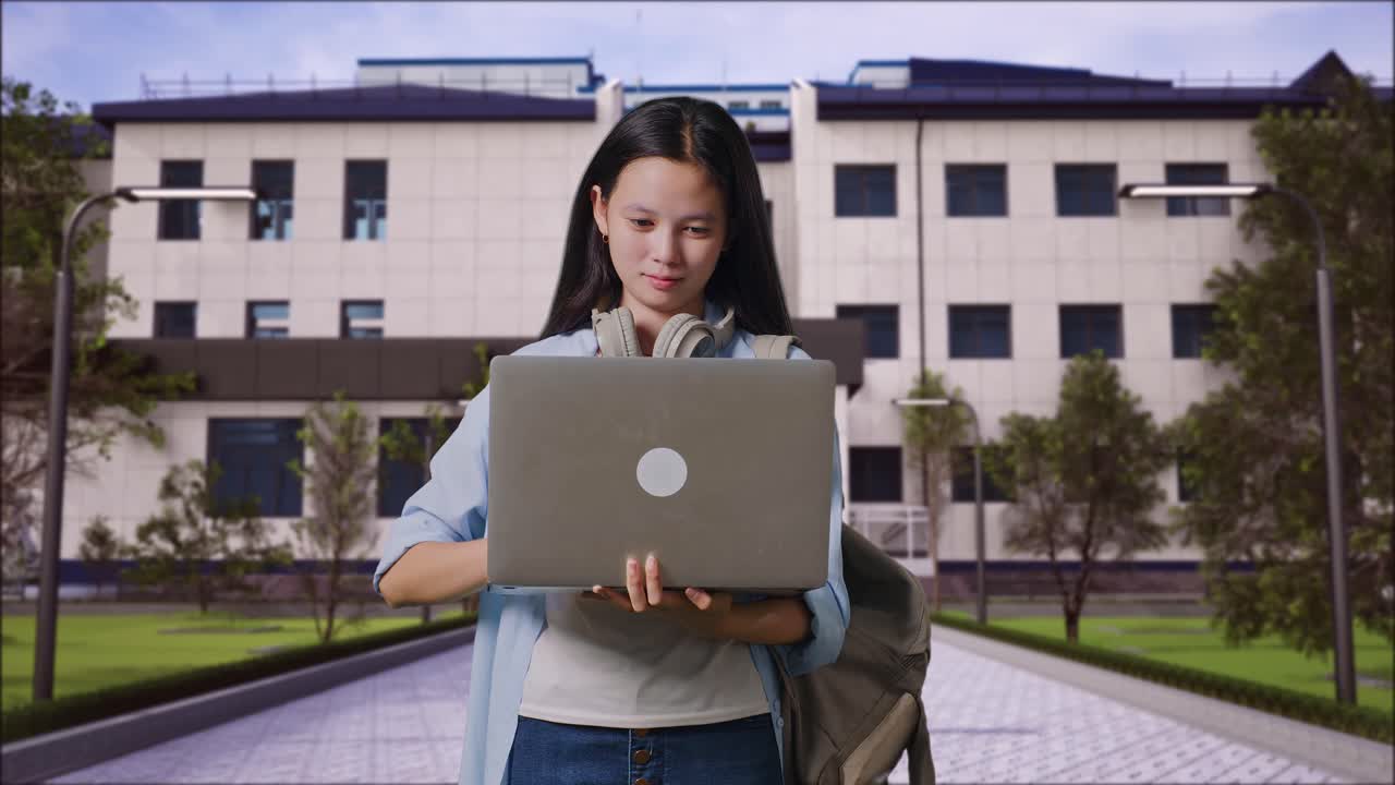 una estudiante adolescente asiática con una mochila usa una computadora portátil y apunta hacia un lado mientras está de pie frente a un edificio escolar