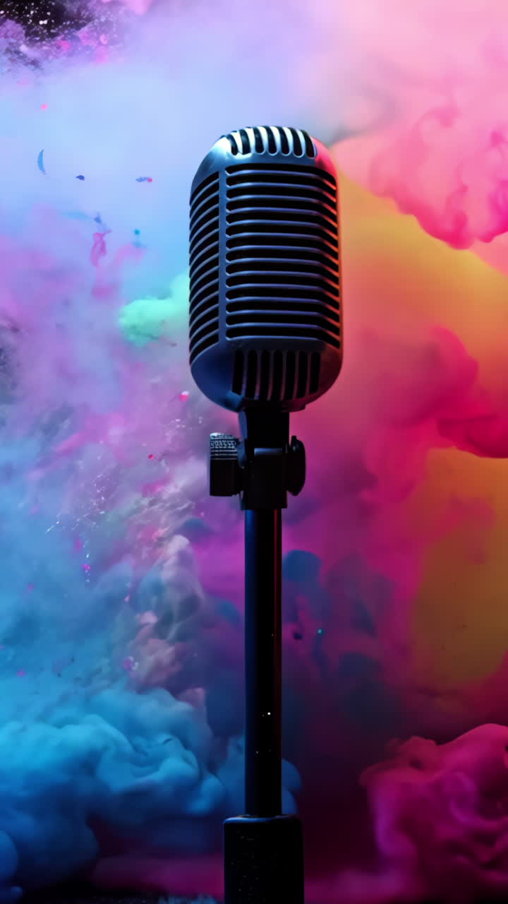 A microphone is in front of a colorful explosion of smoke. The microphone is black and silver, and it is the focal point of the image. The explosion of smoke creates a sense of chaos and excitement