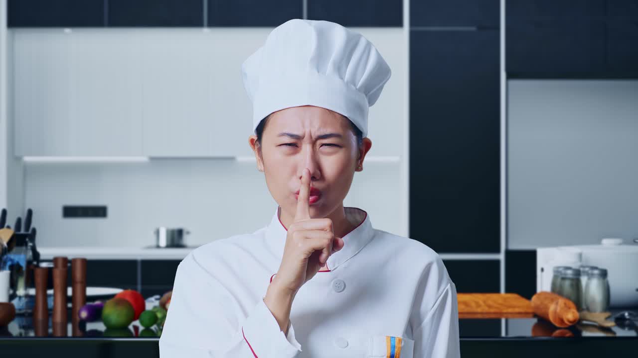 카메라를 바라보는 아시아 여성 요리사의 클로즈업과 가정 부에서 shh 제스처를 만드는 것