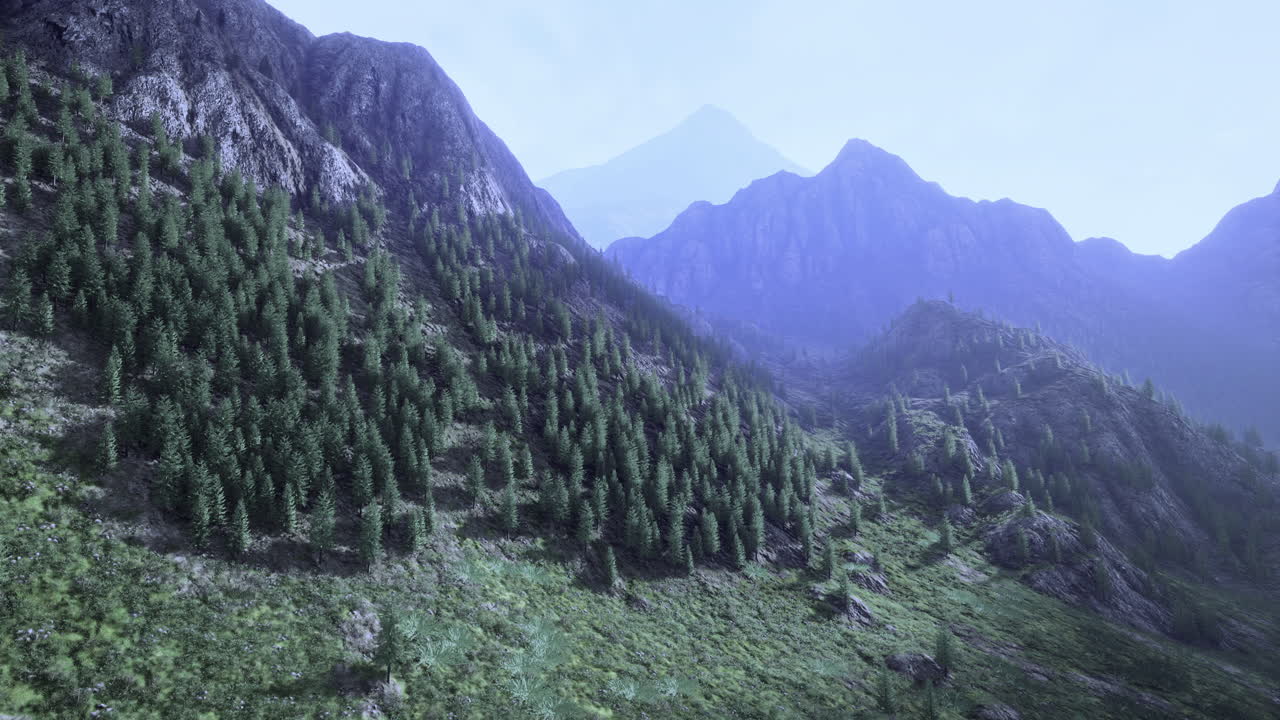 Majestic mountain range rises above lush green forests in serene landscape