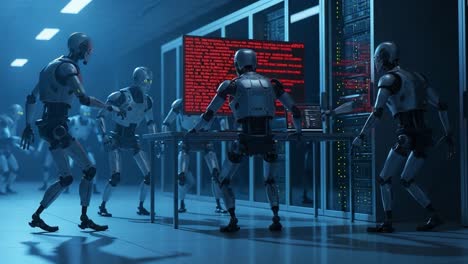 robotic intelligence in action: a team of humanoid robots collaborate on data analysis in a high-tech server room environment