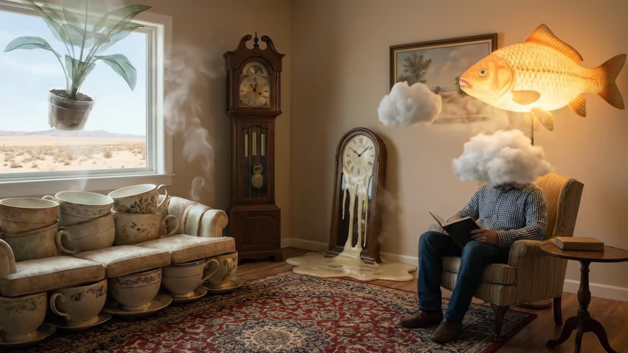 Mann mit Wolkenkopf lesend in einem surrealen Raum