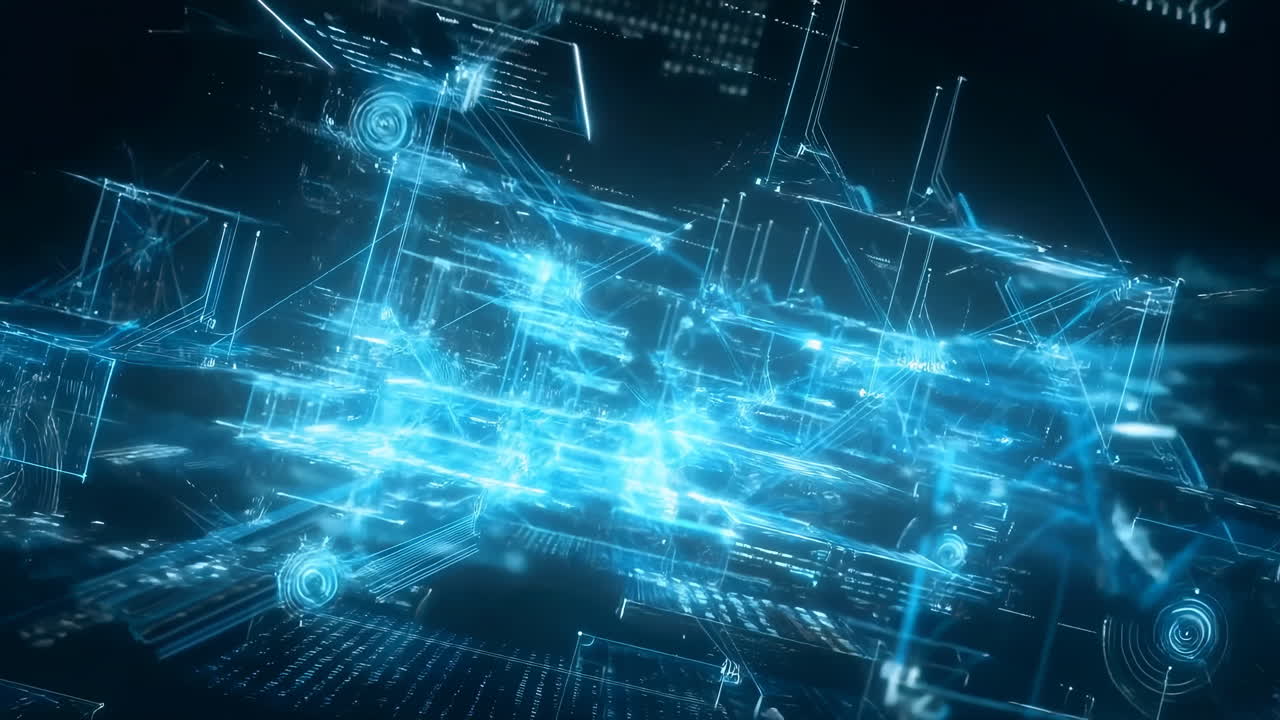 Holografisk nettverkskart med noder, dynamiske datastrømmer kobler sammen sensorer og servere, ideelt for cybersikkerhet